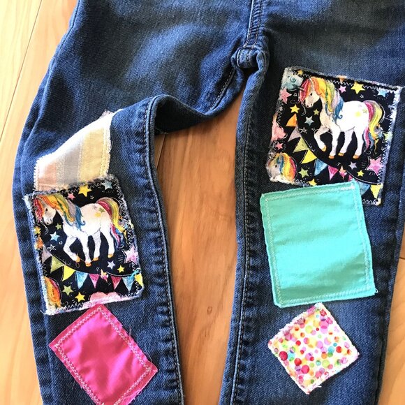 Elastic Waist Denim Jeans, Girl's Size 5: Upcycled Unicorn Theme Patchwork Pants - Picture 9 of 12